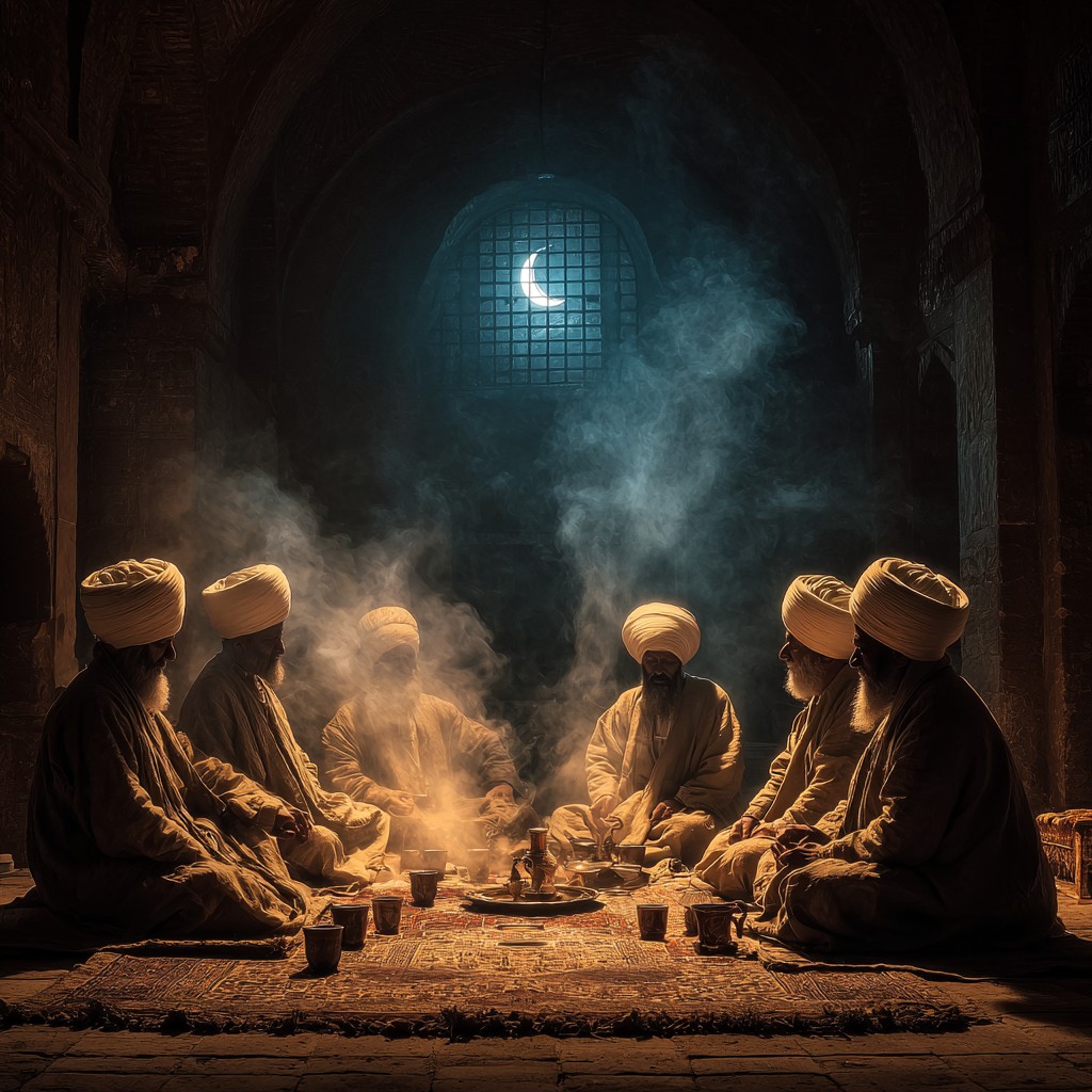 Mniši pijí Qishr - nápoj zelené kávy a koření